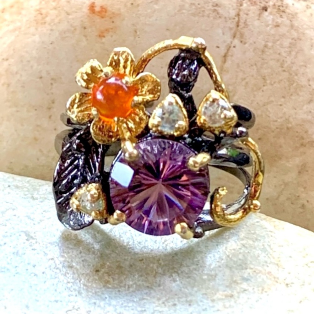 Amethyst & Carnelian Sterling& 14kt Ring